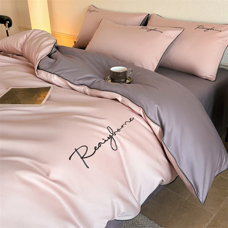 Afralia™ Pure Cotton Luxury Embroidery Bedding Set - Nordic Solid Color Duvet Bedclothes