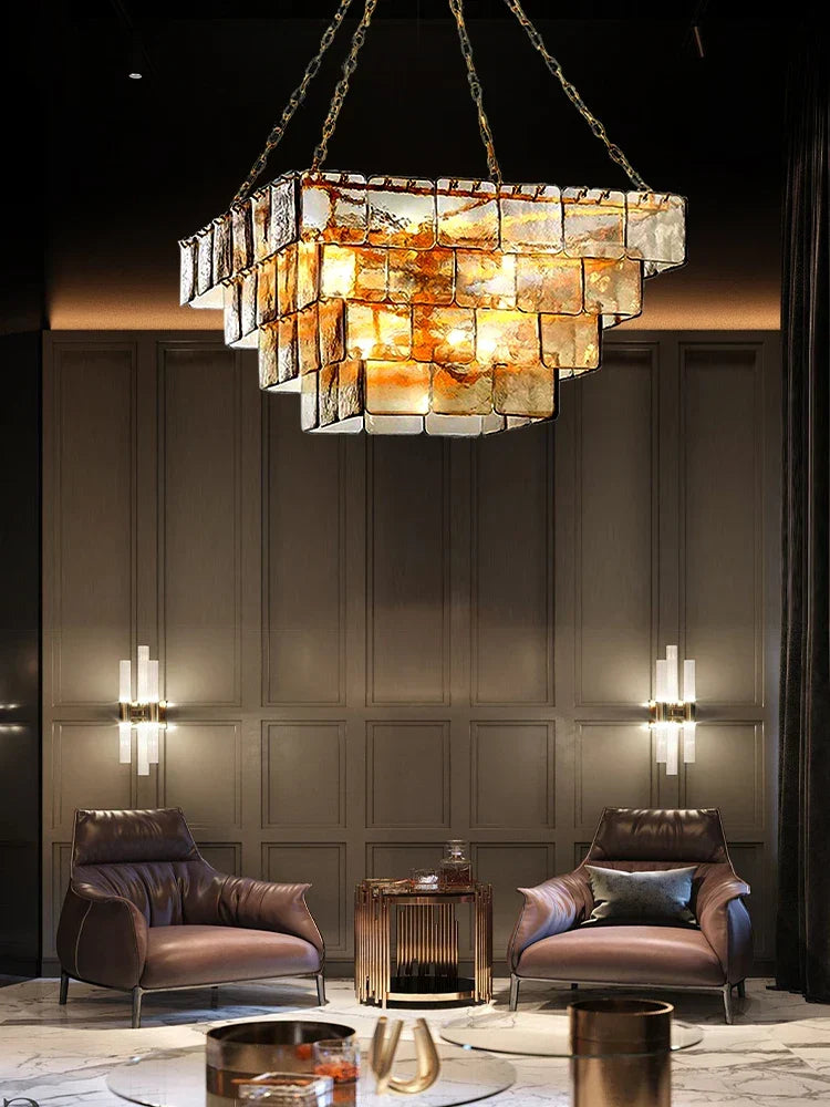 Afralia™ Gold Glass Square Chandelier - Light luxury Living Room Ceiling Fixture
