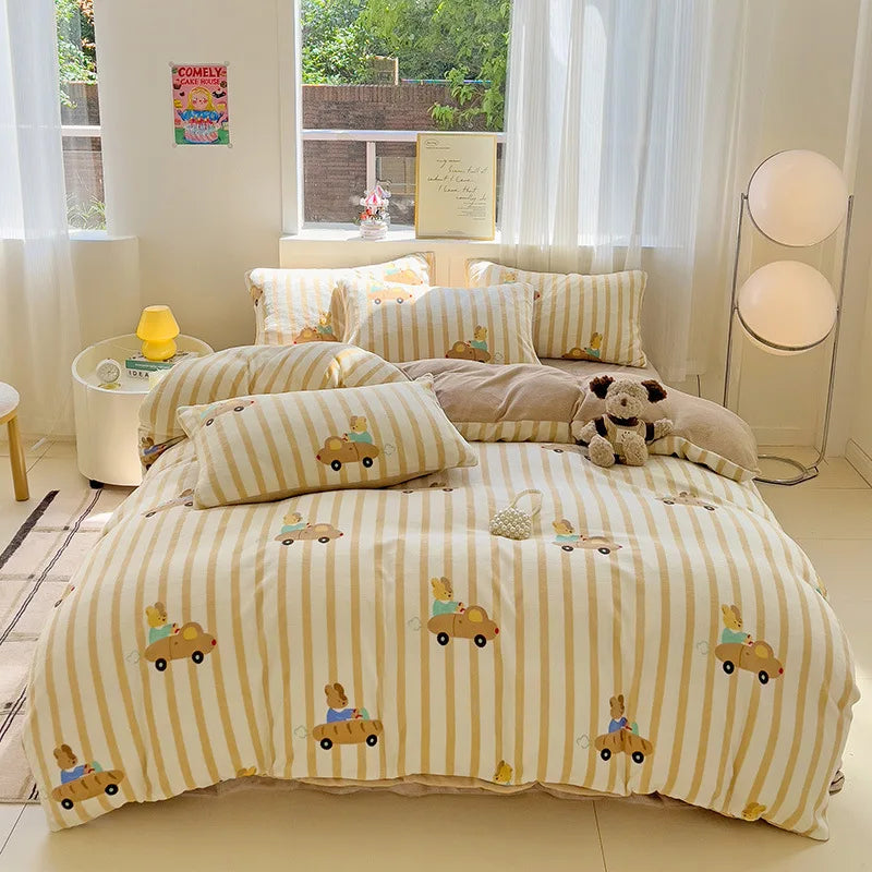 Afralia™ Snowflake Velvet Cute Cartoon Flower Bedding Set for Single Queen
