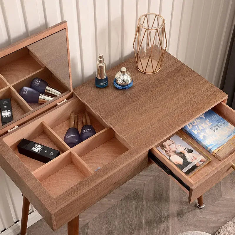 Afralia™ Solid Wood Makeup Dressing Table with Flip Style Mirror and Drawers