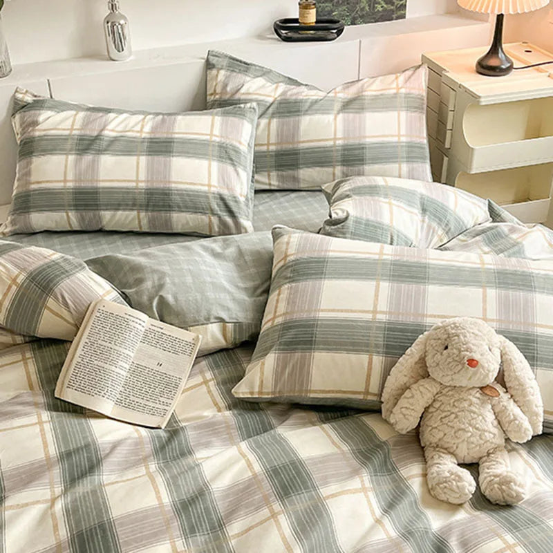Afralia™ Grid Print Cotton Bedding Set for Single Double Beds