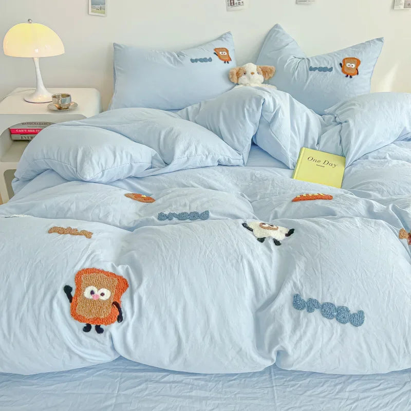 Afralia™ Cartoon Embroidery Jacquard Comforter Sets | Washed Cotton | Soft Skin-Friendly Bed Linen
