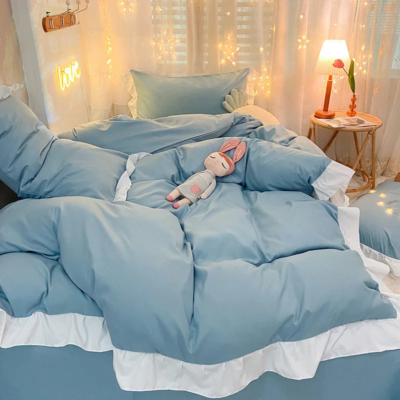 Afralia™ Pure Cotton Ruffle Edge Bedding Set in Solid Color, All Seasons, Single Queen Bed