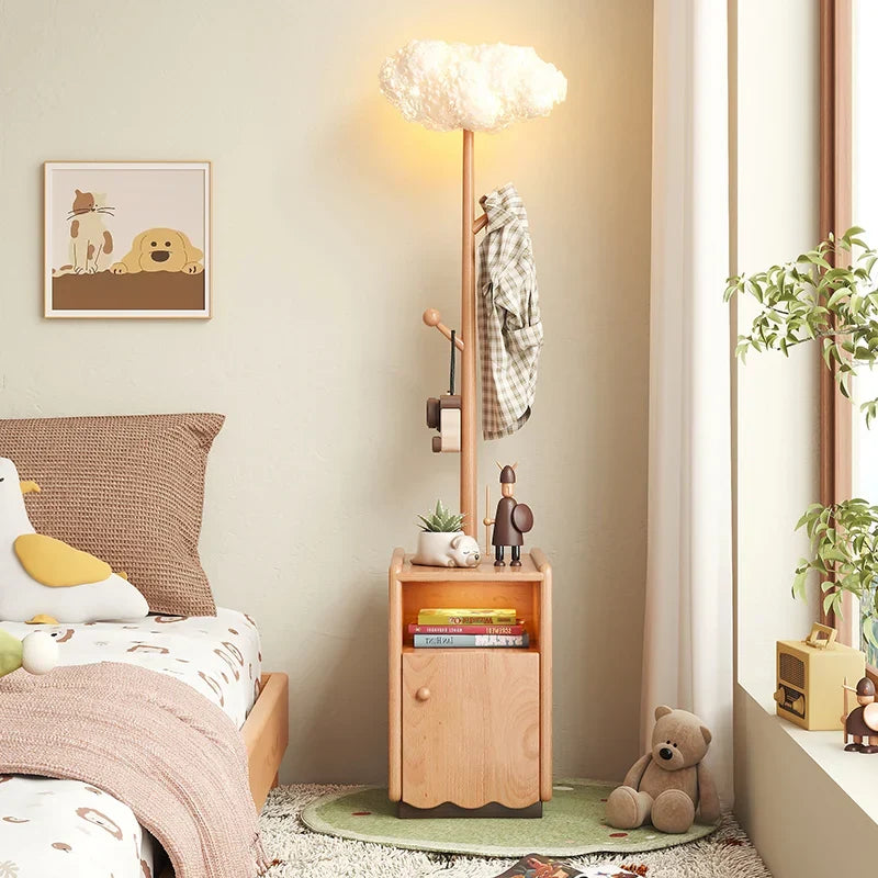 Afralia™ Solid Wood Bedside Cabinet with Lights & Hanging Clothes Rack