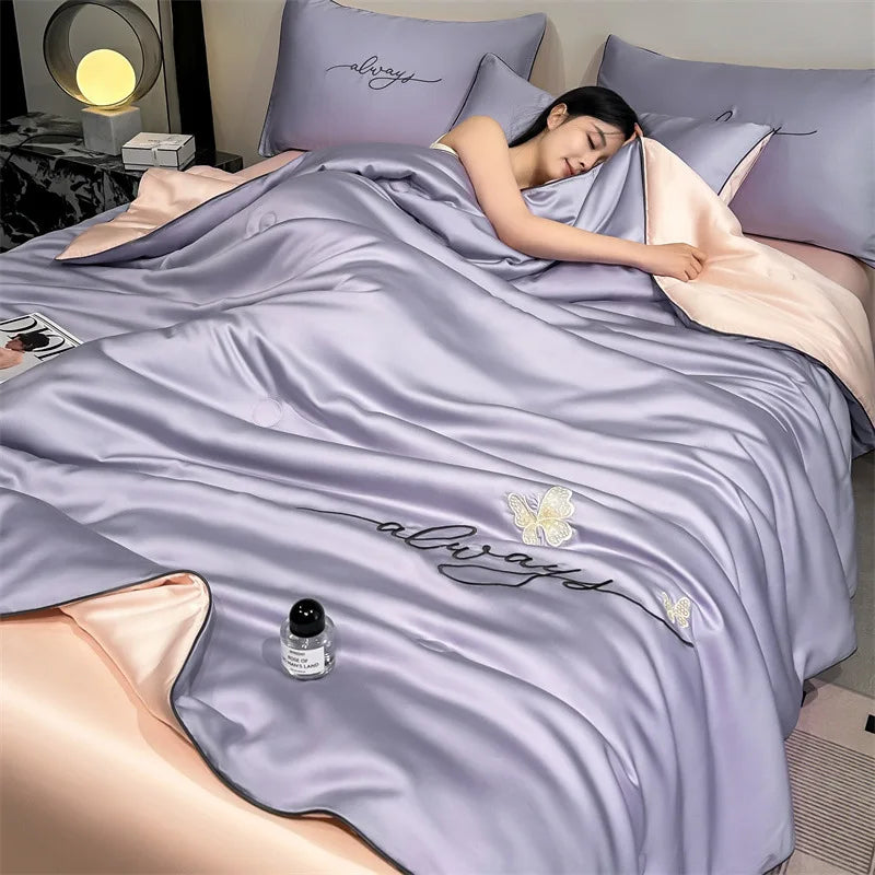 Afralia™ Nordic Style Floral Embroidered Ice Silk Comforter Set for Cooling Luxury Experience.