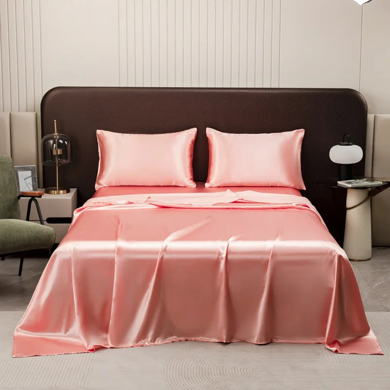 Afralia™ Satin Flat Sheet and Pillowcase Set | Silky Solid Color Bedding for Full Queen King Size