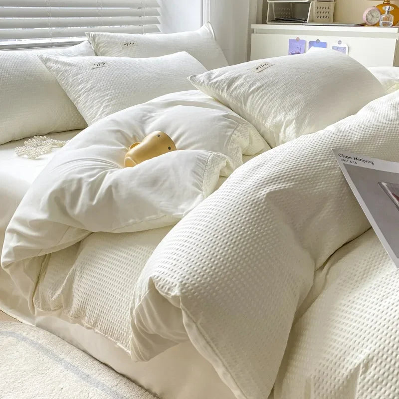 Afralia™ Soft Waffle Comforter Set with Printed Fitted Sheet for Single Double Beds