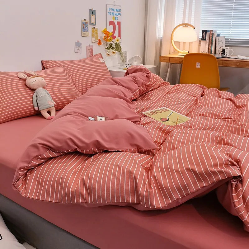 Afralia™ Simple Striped Check Cotton Bedding Sets for Queen King Size