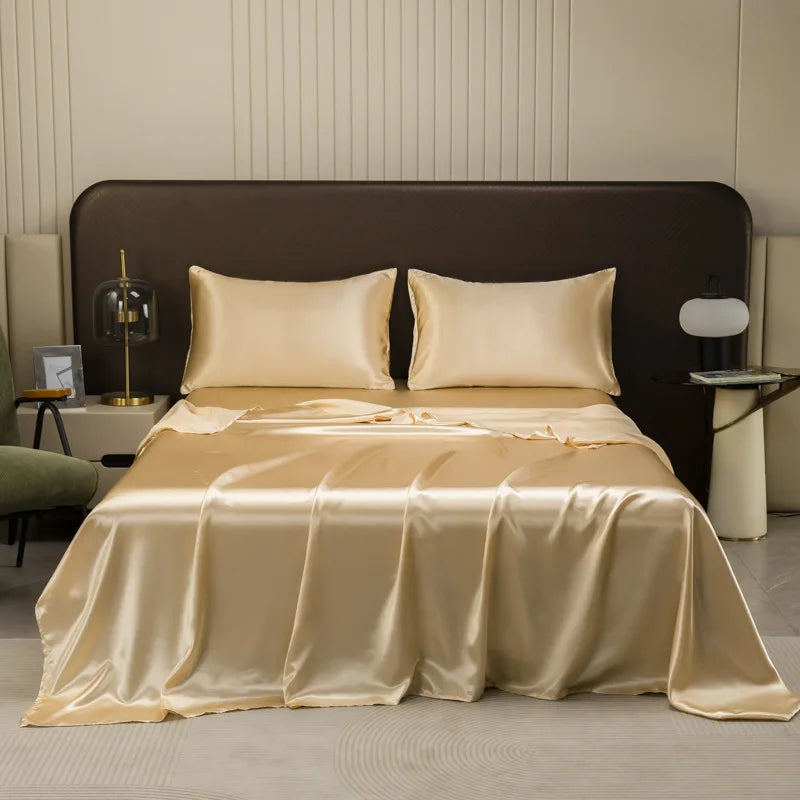 Afralia™ Satin Flat Sheet and Pillowcase Set | Silky Solid Color Bedding for Full Queen King Size