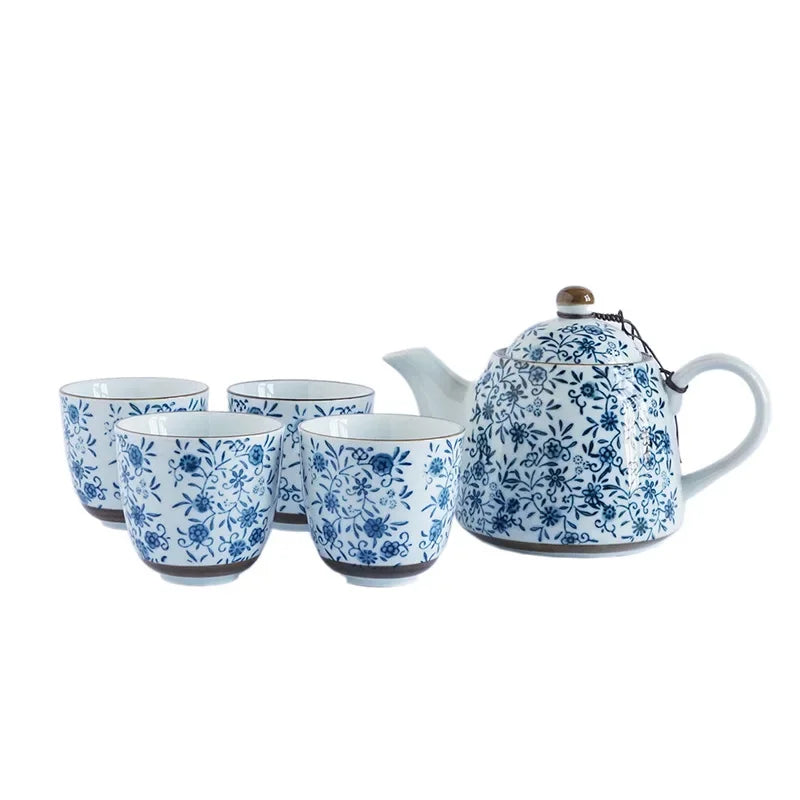 Afralia™ Floral Ceramic Tea Set: Tea Kettle, 4 Cups with Infuser ‐ Gift Ready