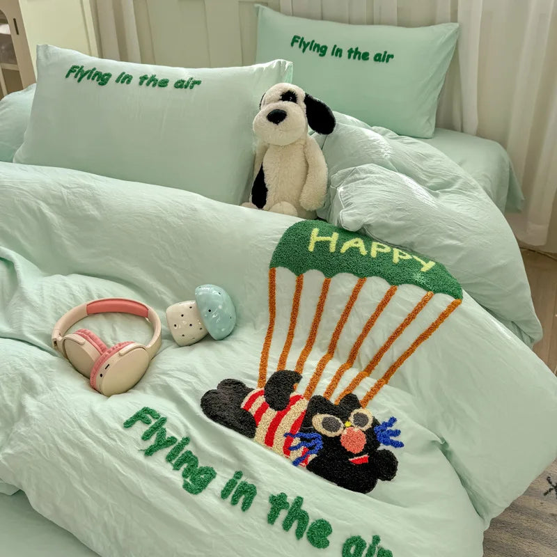Afralia™ Cartoon Towel Embroidery Bedding Set - Queen Size Bedclothes