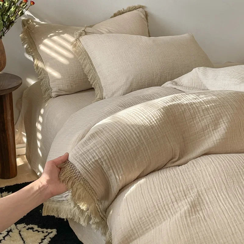 Afralia™ Luxury Retro Cotton Tassel Bedding Set for Queen King Comforter Cover