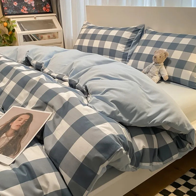 Afralia™ Japanese Grid Printed Cotton Bedding Set in Queen/King for Cozy Sleep