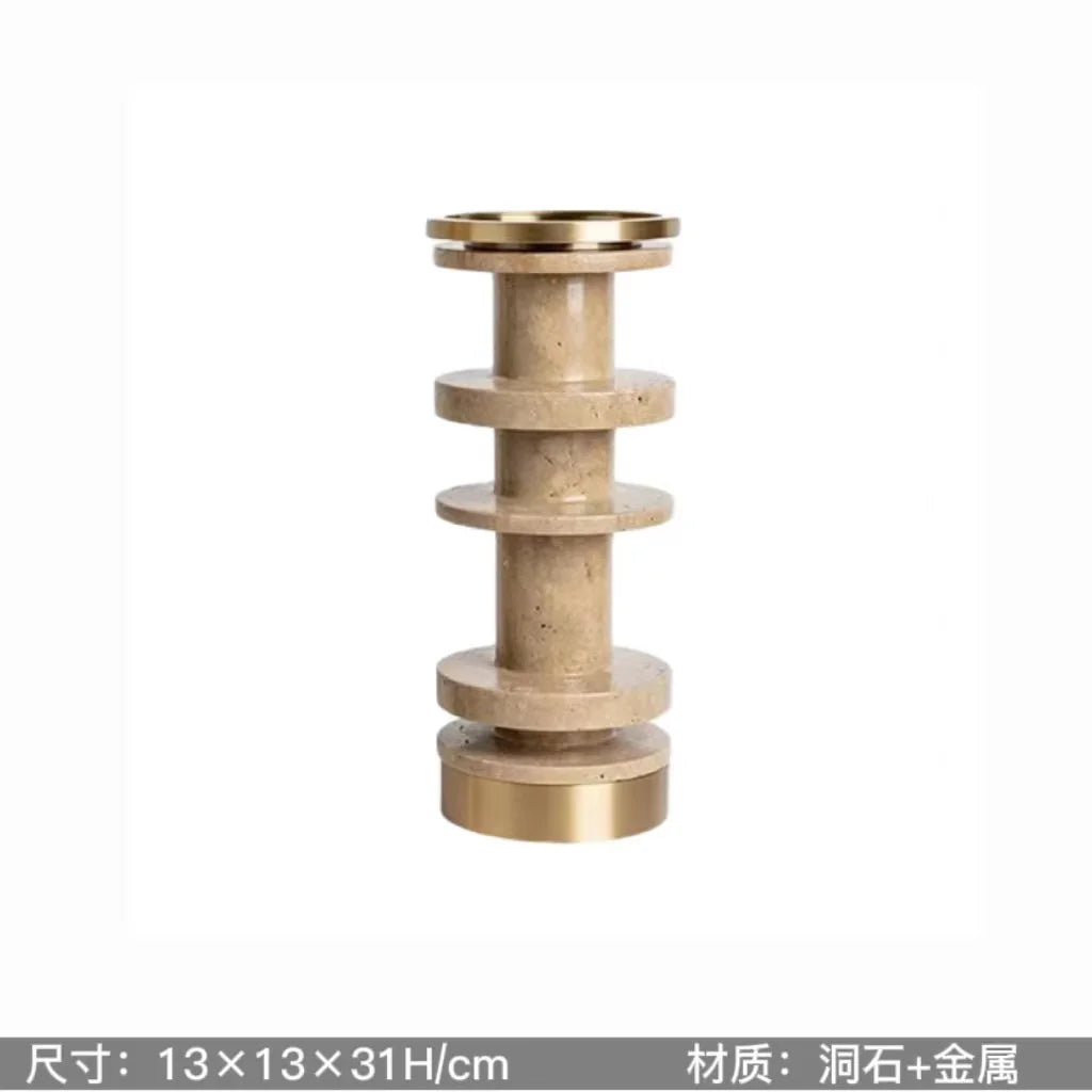 Afralia™ Luxe Brown Travertine Marble Candle Holder with Metal Base
