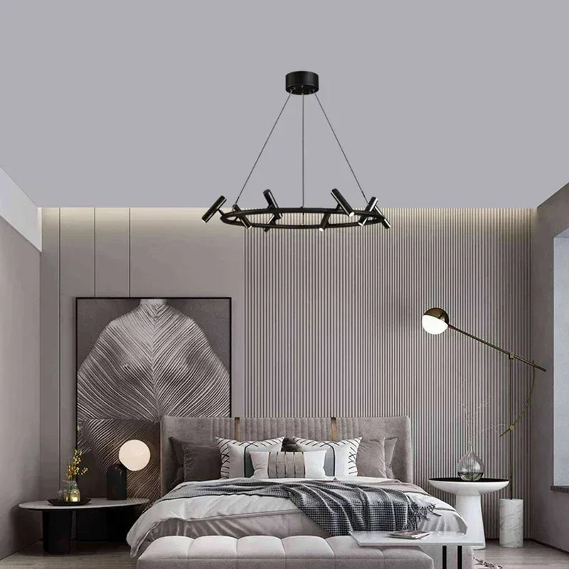 Afralia™ Black Metal Round LED Pendant Chandelier for Indoor Lighting