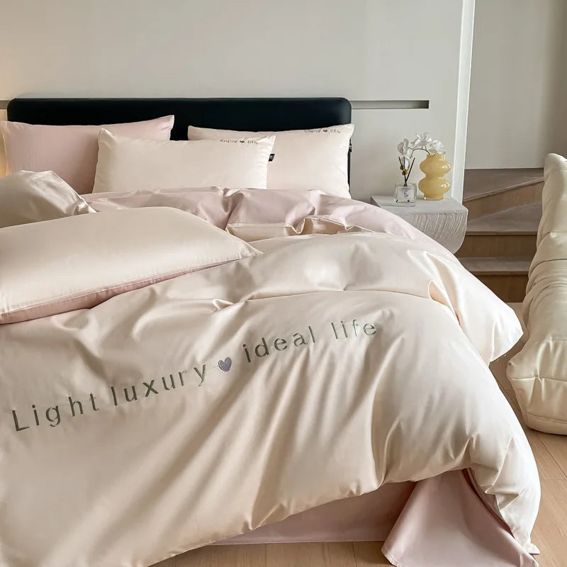 Afralia™ 120S Long Staple Cotton Satin Embroidery Bedding Set - Solid Color Twin Full Double Comforter