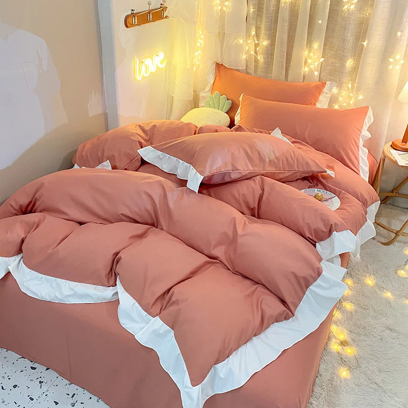 Afralia™ Pure Cotton Ruffle Edge Bedding Set in Solid Color, All Seasons, Single Queen Bed
