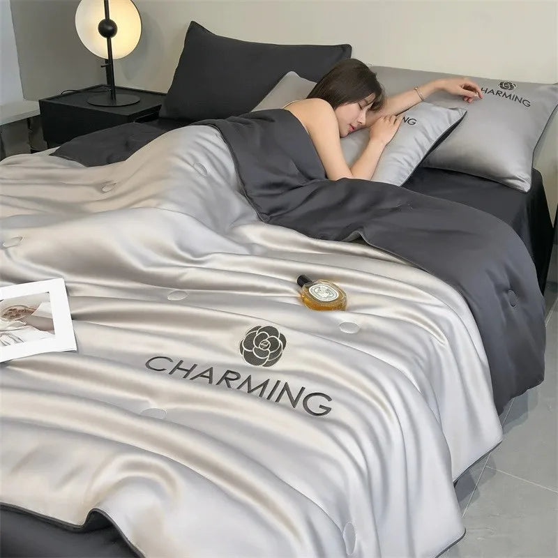 Afralia™ Nordic Style Floral Embroidered Ice Silk Comforter Set for Cooling Luxury Experience.