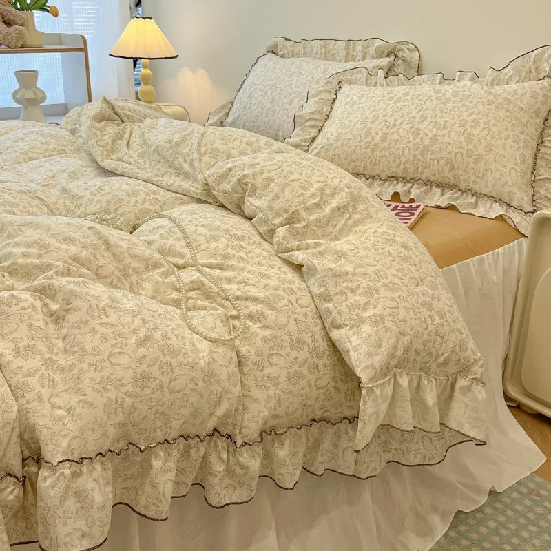 Afralia™ Lace Bedding Set: Printed Design, Single Queen Size, Cozy Quilt Cover, Fitted Sheet, 2 Pillowcases