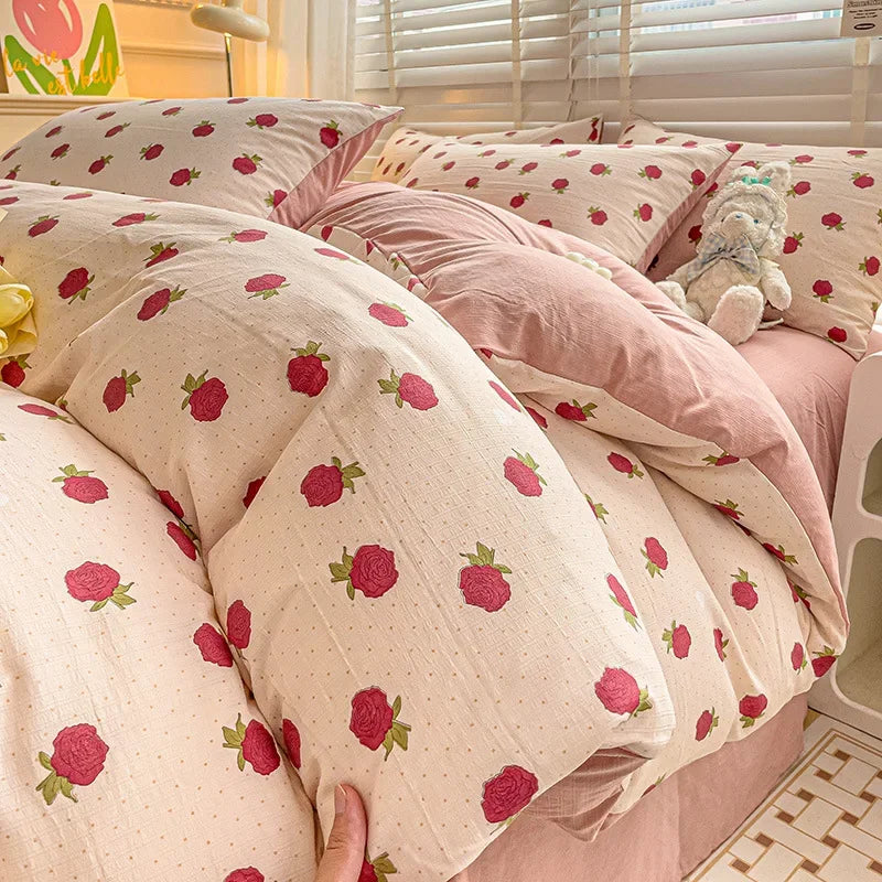 Afralia™ Cotton Flower Printed Comforter Set: Breathable Double-Layer Yarn, Soft Bedding for Girls