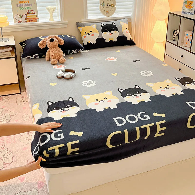 Afralia™ Milk Velvet Cartoon Printed Fitted Sheet - Cozy Plush Mattress Cover