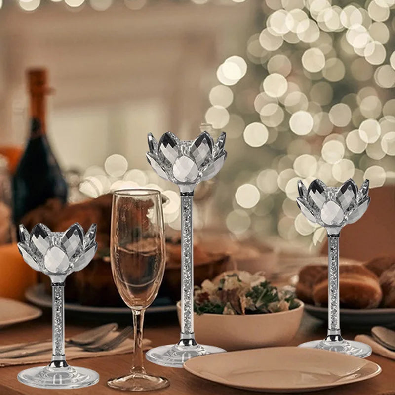 Afralia™ Silver Lotus Crystal Candlestick for Romantic Candlelight Dinner.