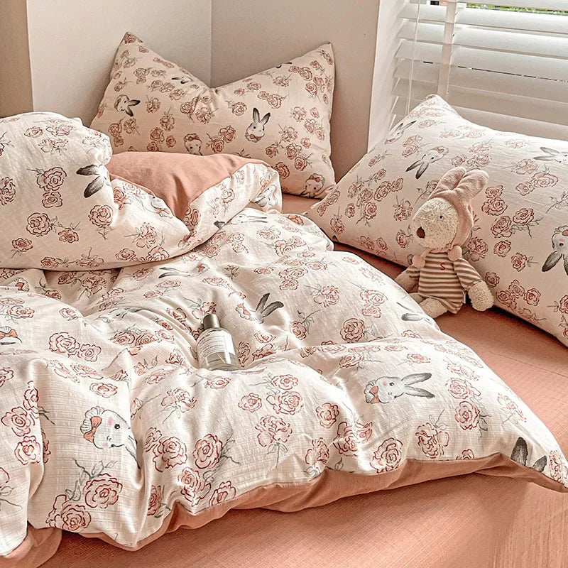 Afralia™ Cotton Flower Printed Comforter Set: Breathable Double-Layer Yarn, Soft Bedding for Girls