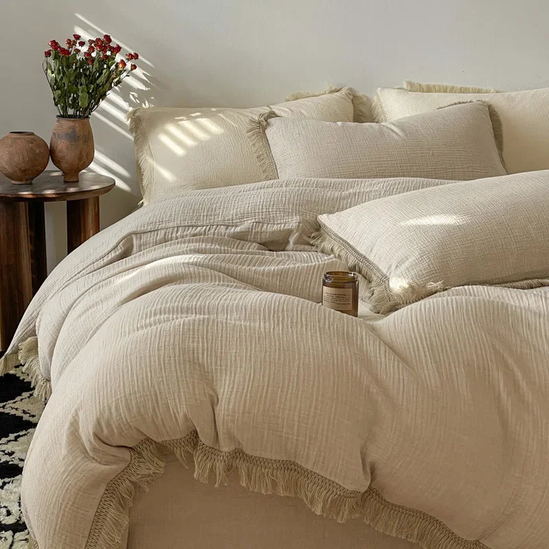 Afralia™ Luxury Retro Cotton Tassel Bedding Set for Queen King Comforter Cover