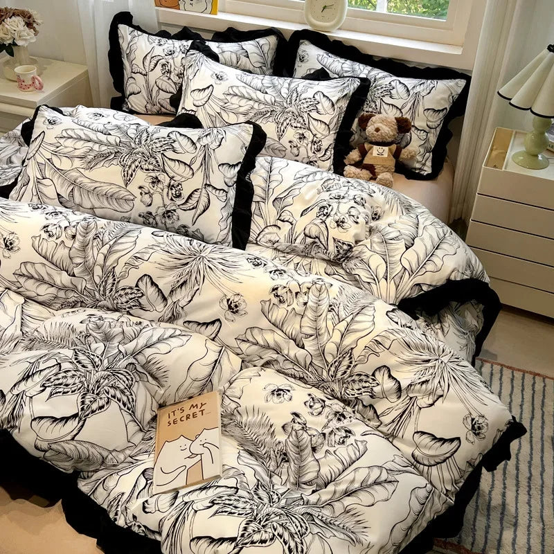 Afralia™ Black White Printed Bed Skirt Bedding Set - Cozy Skin Friendly Linens