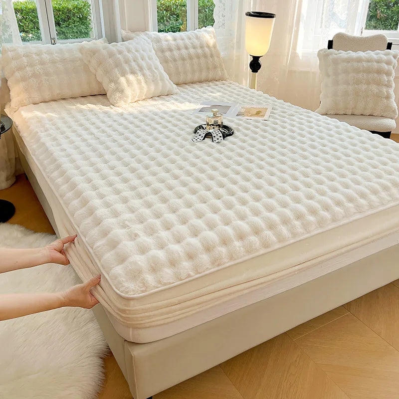 Afralia™ Faux Rabbit Plush Coral Fleece Fitted Sheet for Single Bed in Autumn/Winter