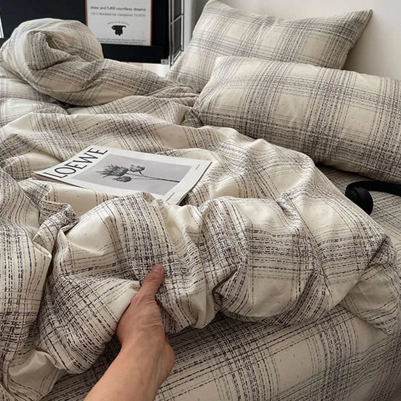 Afralia™ Cotton Grid Bedding Set - Soft & Stylish Bed Sheet, Quilt Cover Kit