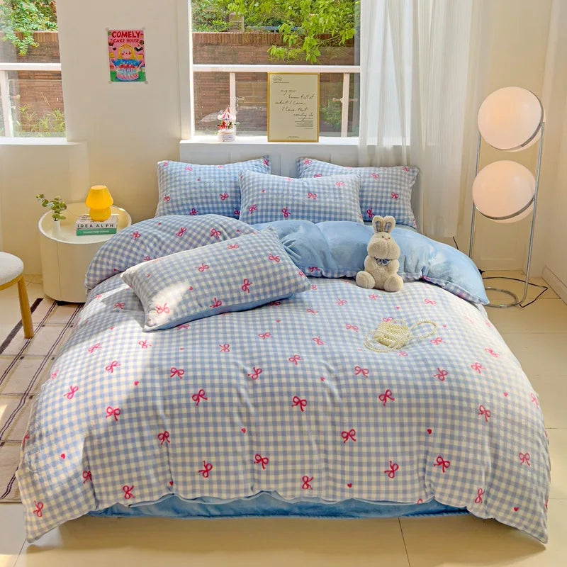 Afralia™ Snowflake Velvet Cute Cartoon Flower Bedding Set for Single Queen