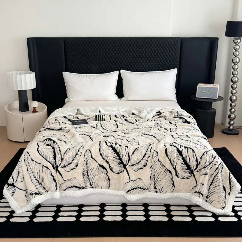 Afralia™ Leaf Jacquard Double-Layer Flannel Blanket for Sofa and Bed