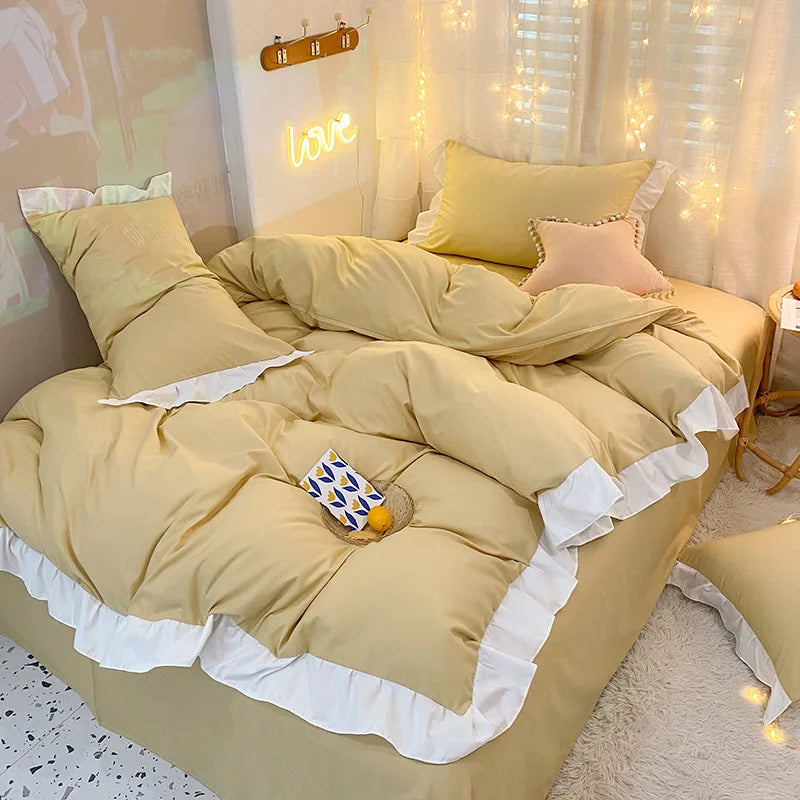 Afralia™ Pure Cotton Ruffle Edge Bedding Set in Solid Color, All Seasons, Single Queen Bed