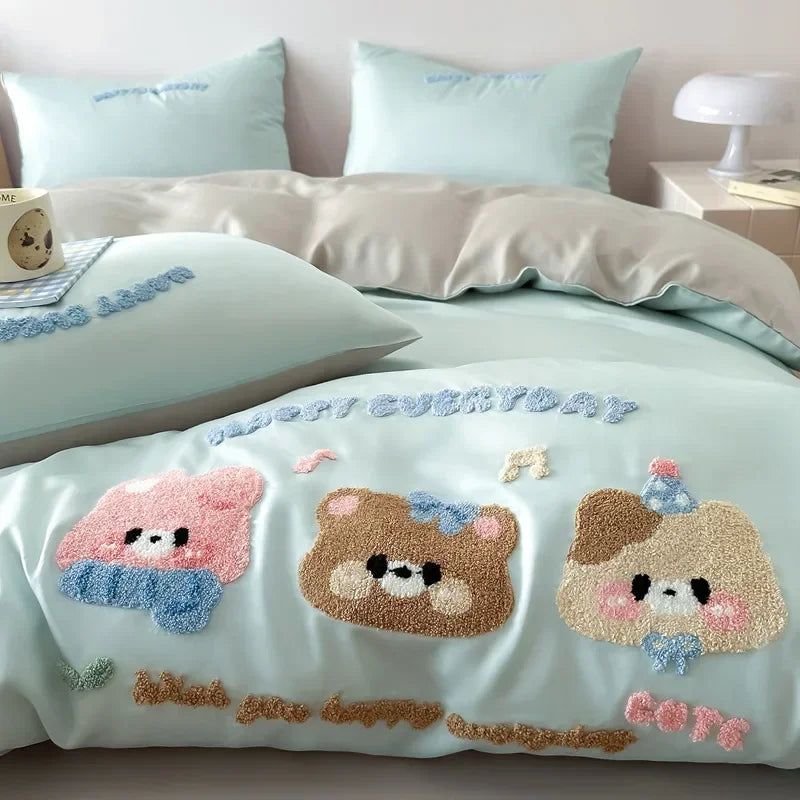 Afralia™ Cartoon Embroidery Cotton Bedding Set - Summer Cool, Skin Friendly Flat Sheet Kit