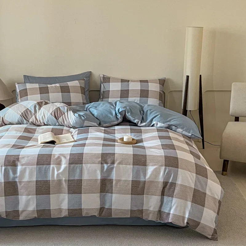 Afralia™ Soft Cotton Grid Printed Bedding Set for Single/Double Bed