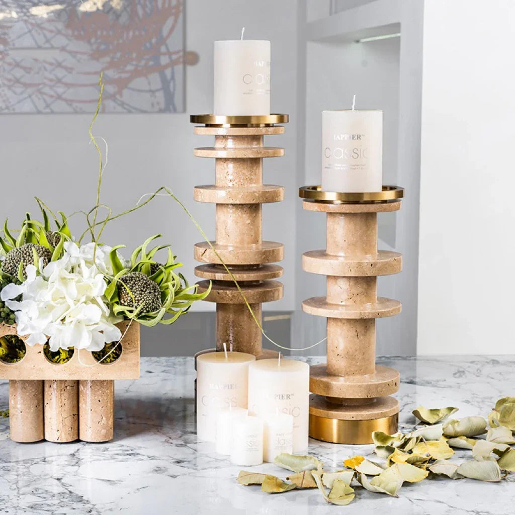 Afralia™ Luxe Brown Travertine Marble Candle Holder with Metal Base