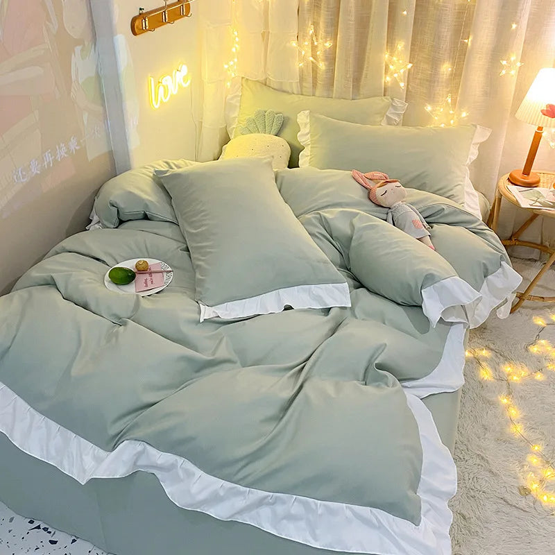 Afralia™ Cotton Ruffle Edge Duvet Cover Set - Soft, Thick, Solid Color
