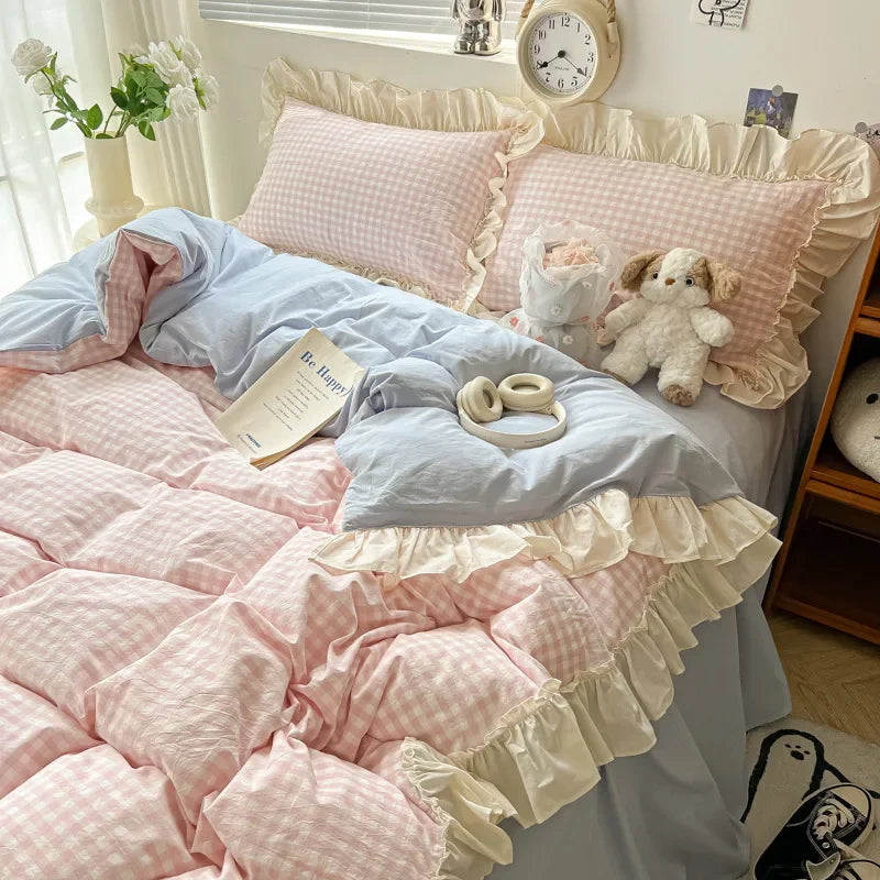 Afralia™ Korean Grid Lace Washed Cotton Bedding Set, Cozy Comforter Cover Single Double Queen
