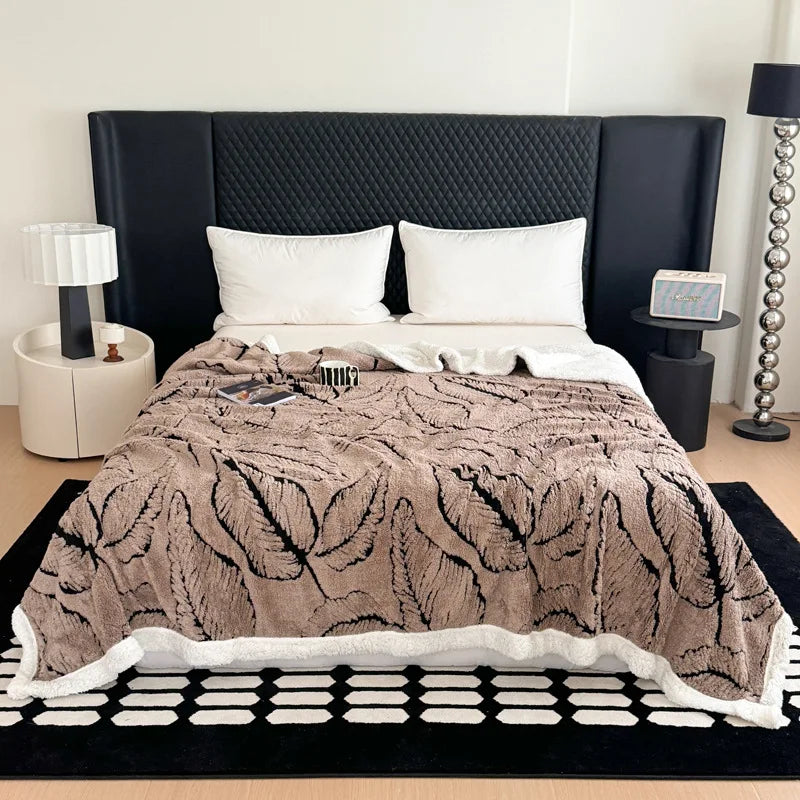 Afralia™ Leaf Jacquard Double-Layer Flannel Blanket for Sofa and Bed
