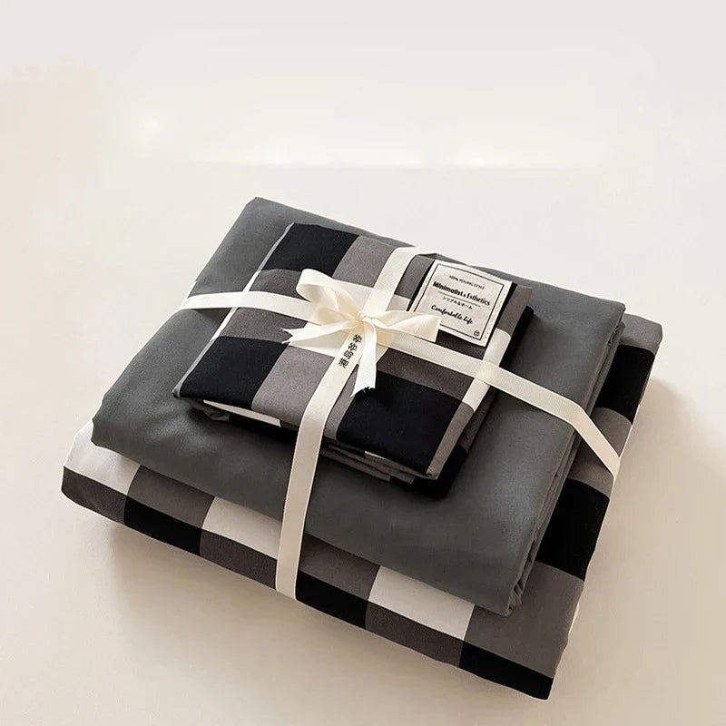 Afralia™ Japanese Grid Printed Cotton Bedding Set in Queen/King for Cozy Sleep