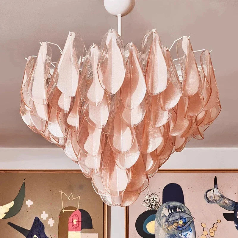 Afralia™ Pink Green Petal Crystal Glass Chandelier for Home Decor