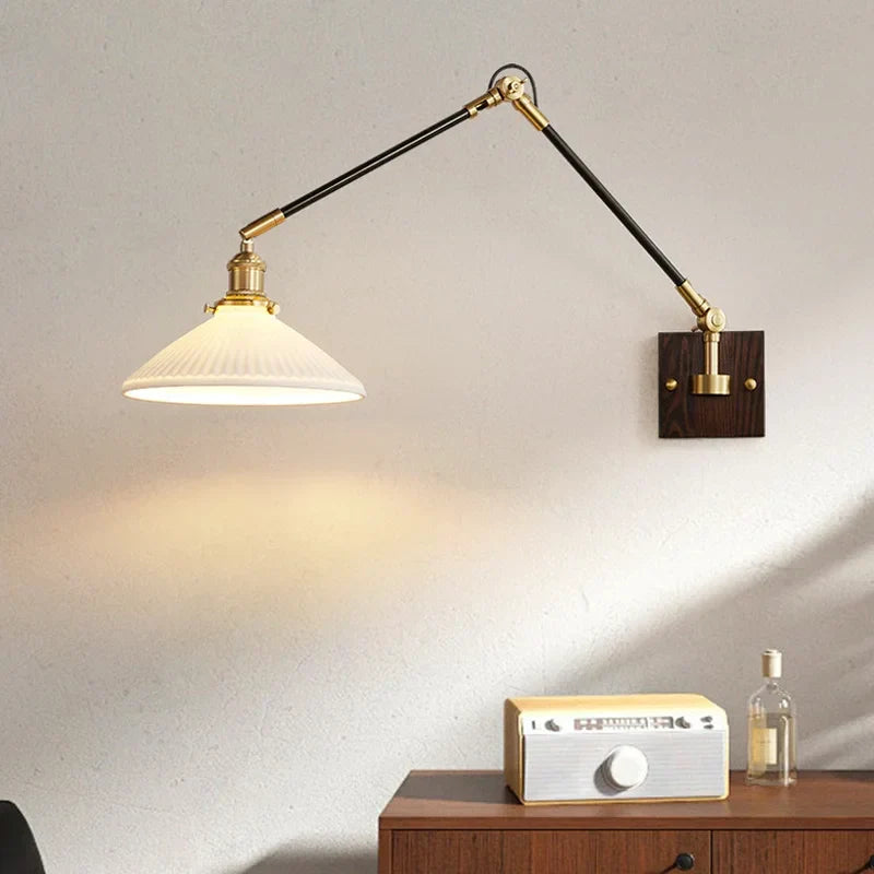 Afralia™ Walnut Wall Lamp: Japanese Style Swing Arm for Bedroom, Study, & Bedside