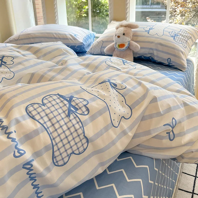 Afralia™ Grid Print Cotton Bedding Set for Single Double Beds