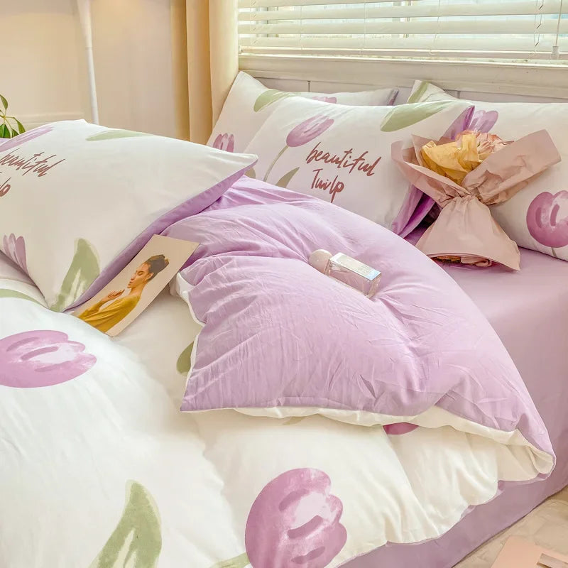 Afralia™ Cozy Pattern Printed 4Pcs Single Bedding Set - Soft Cotton Fabric