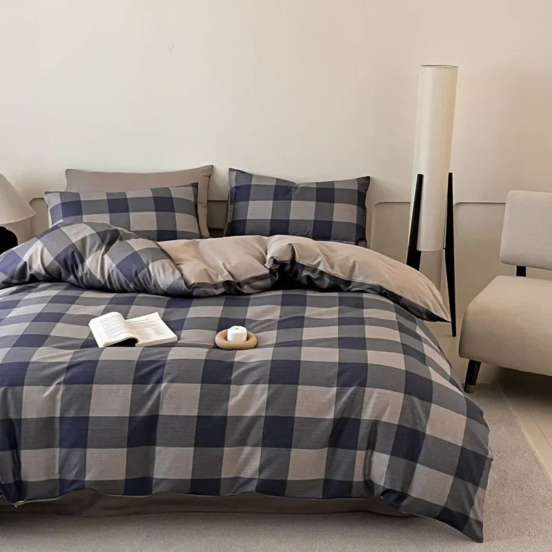 Afralia™ Soft Cotton Grid Printed Bedding Set for Single/Double Bed