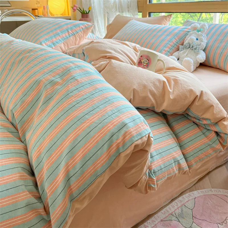 Afralia™ Cotton Striped Bedding Set Yarn Dyed Washed Duvet Cover Single Bedclothes