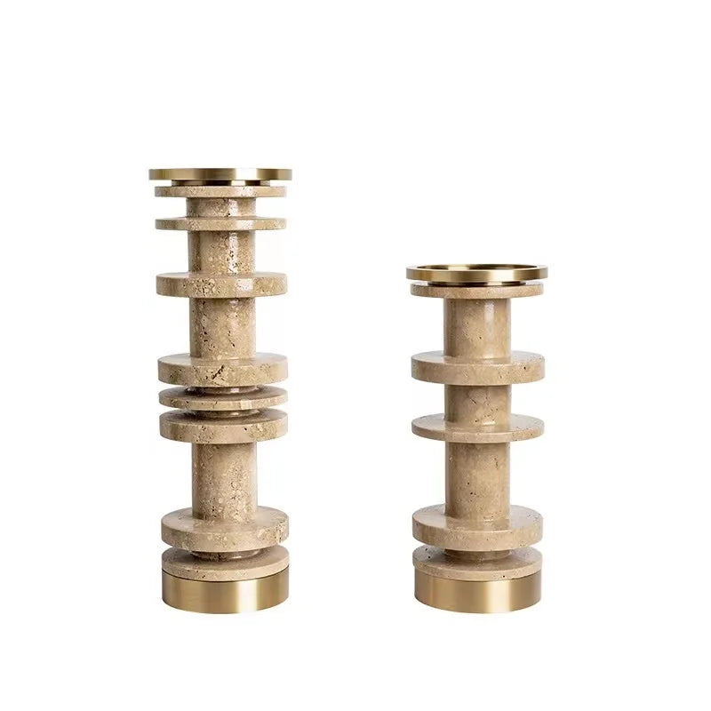 Afralia™ Luxe Brown Travertine Marble Candle Holder with Metal Base