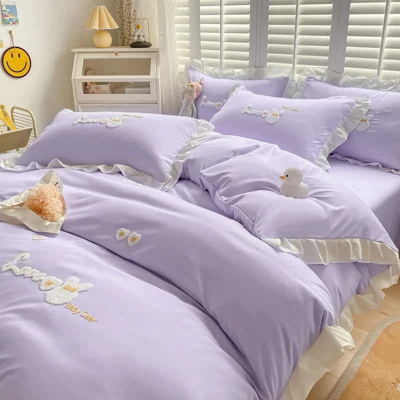 Afralia™ Cartoon Princess Embroidered Cotton Bedding Set for Adult Girls