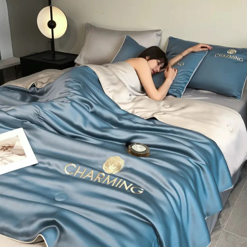 Afralia™ Nordic Style Floral Embroidered Ice Silk Comforter Set for Cooling Luxury Experience.